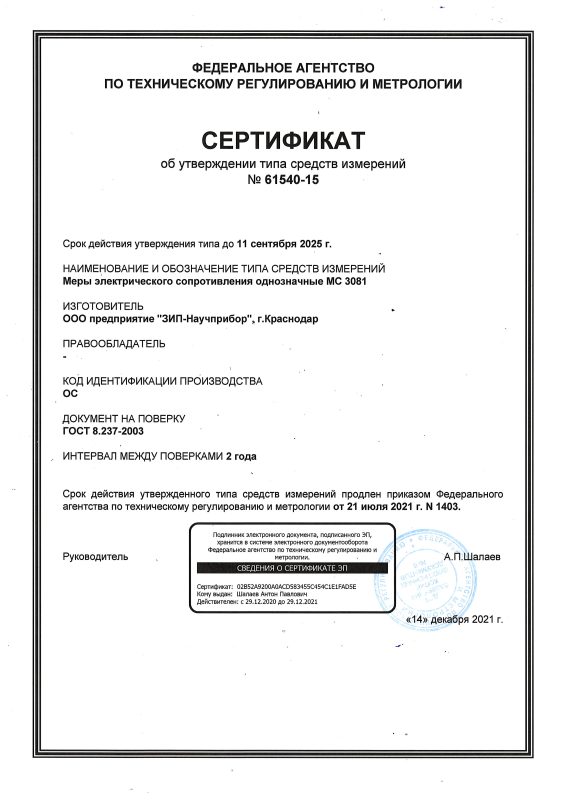 Сертификат об утверждении типа средств измерений № 61540-15